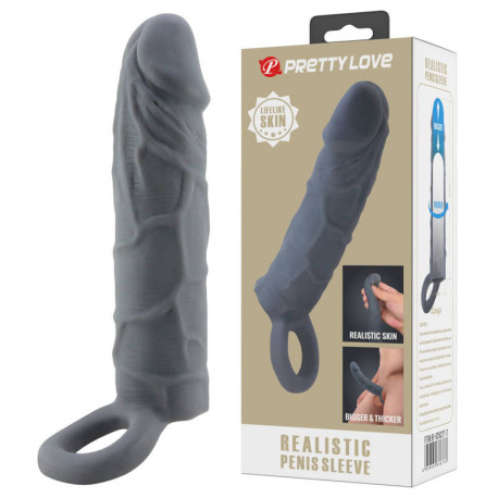 Насадка на пенис с кольцом для мошонки Pretty Love Realistic Penis Sleeve black, BI-026227-2, фото №1