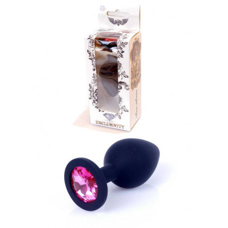 Средняя анальная пробка (силикон) с розовым кристаллом Exclusivity Black Silikon PLUG Medium - Pink Diamond, фото №1